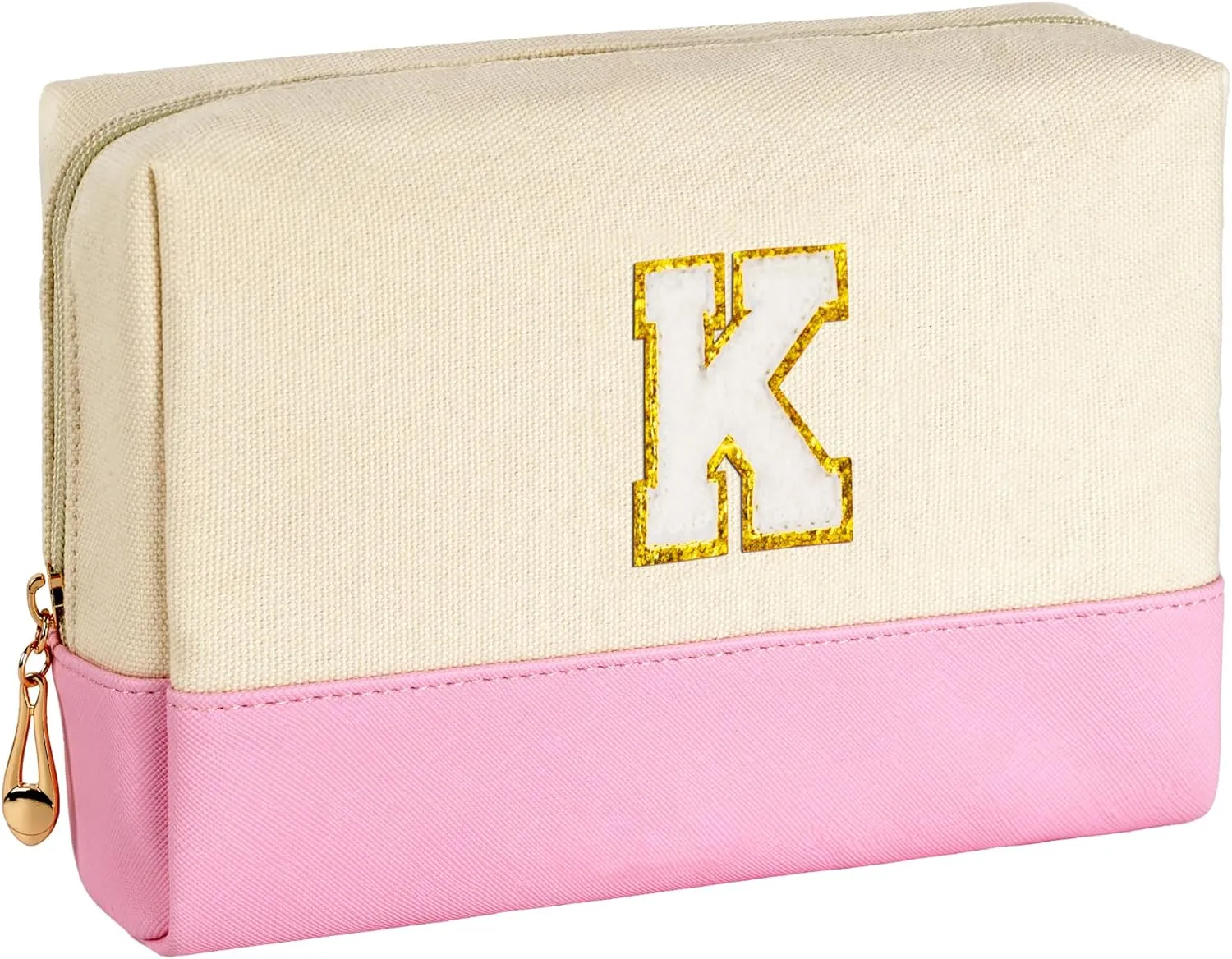 Initial Preppy Makeup Bag, Personalized Portable Monogram Cosmetic Bag, Cute Makeup Pouch, PU Leather Canvas Toiletry Bag, Preppy Stuff Gift for Girl