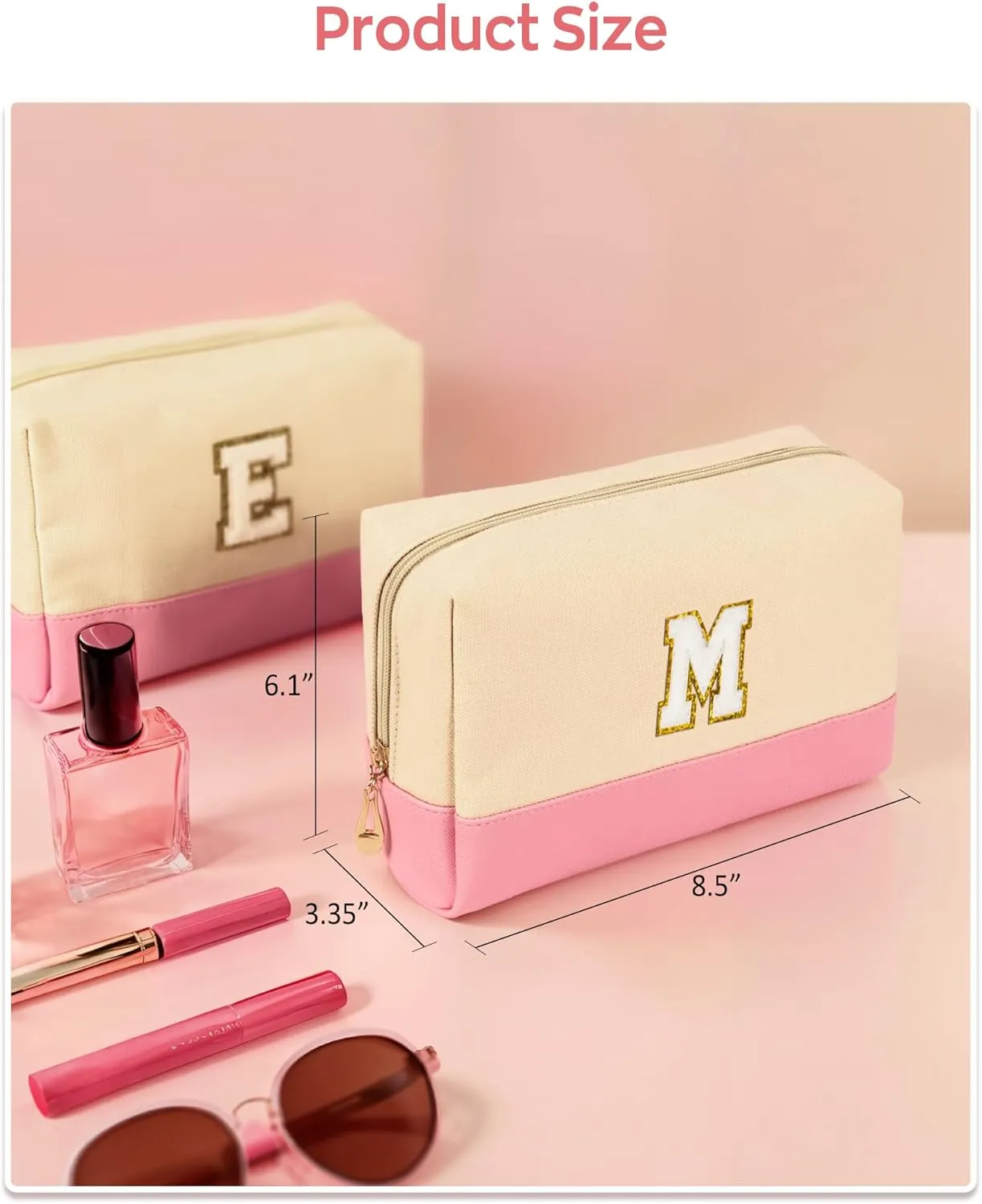 Initial Preppy Makeup Bag, Personalized Portable Monogram Cosmetic Bag, Cute Makeup Pouch, PU Leather Canvas Toiletry Bag, Preppy Stuff Gift for Girl