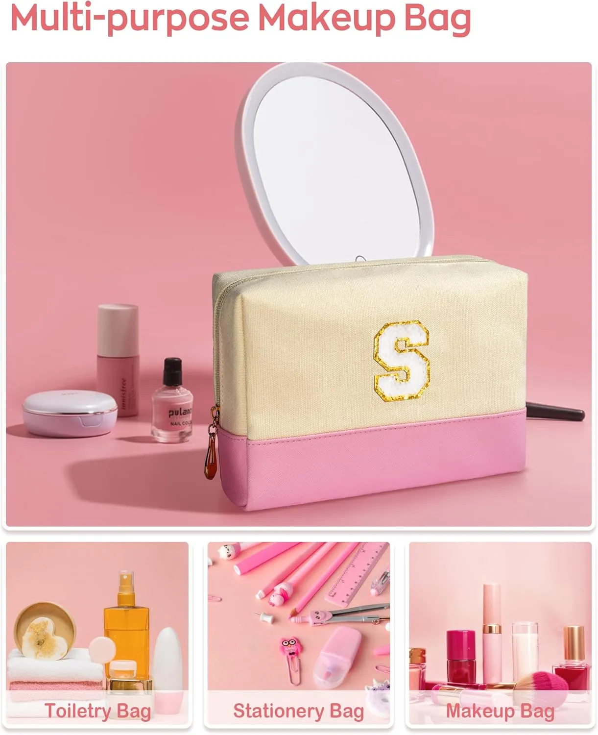 Initial Preppy Makeup Bag, Personalized Portable Monogram Cosmetic Bag, Cute Makeup Pouch, PU Leather Canvas Toiletry Bag, Preppy Stuff Gift for Girl