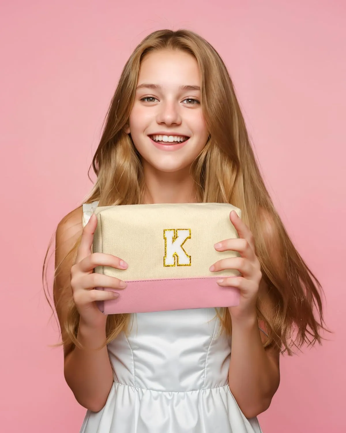 Initial Preppy Makeup Bag, Personalized Portable Monogram Cosmetic Bag, Cute Makeup Pouch, PU Leather Canvas Toiletry Bag, Preppy Stuff Gift for Girl