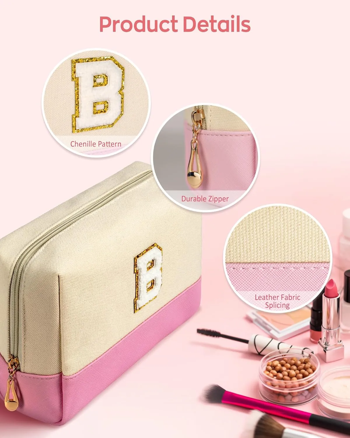 Initial Preppy Makeup Bag, Personalized Portable Monogram Cosmetic Bag, Cute Makeup Pouch, PU Leather Canvas Toiletry Bag, Preppy Stuff Gift for Girl