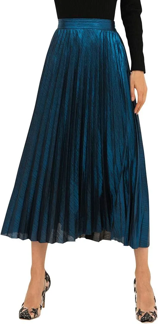 Itemnew Women's Stylish Metallic Color Shiny High Waist Pleated Swing Long Skirt