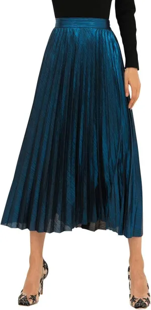 Itemnew Women's Stylish Metallic Color Shiny High Waist Pleated Swing Long Skirt
