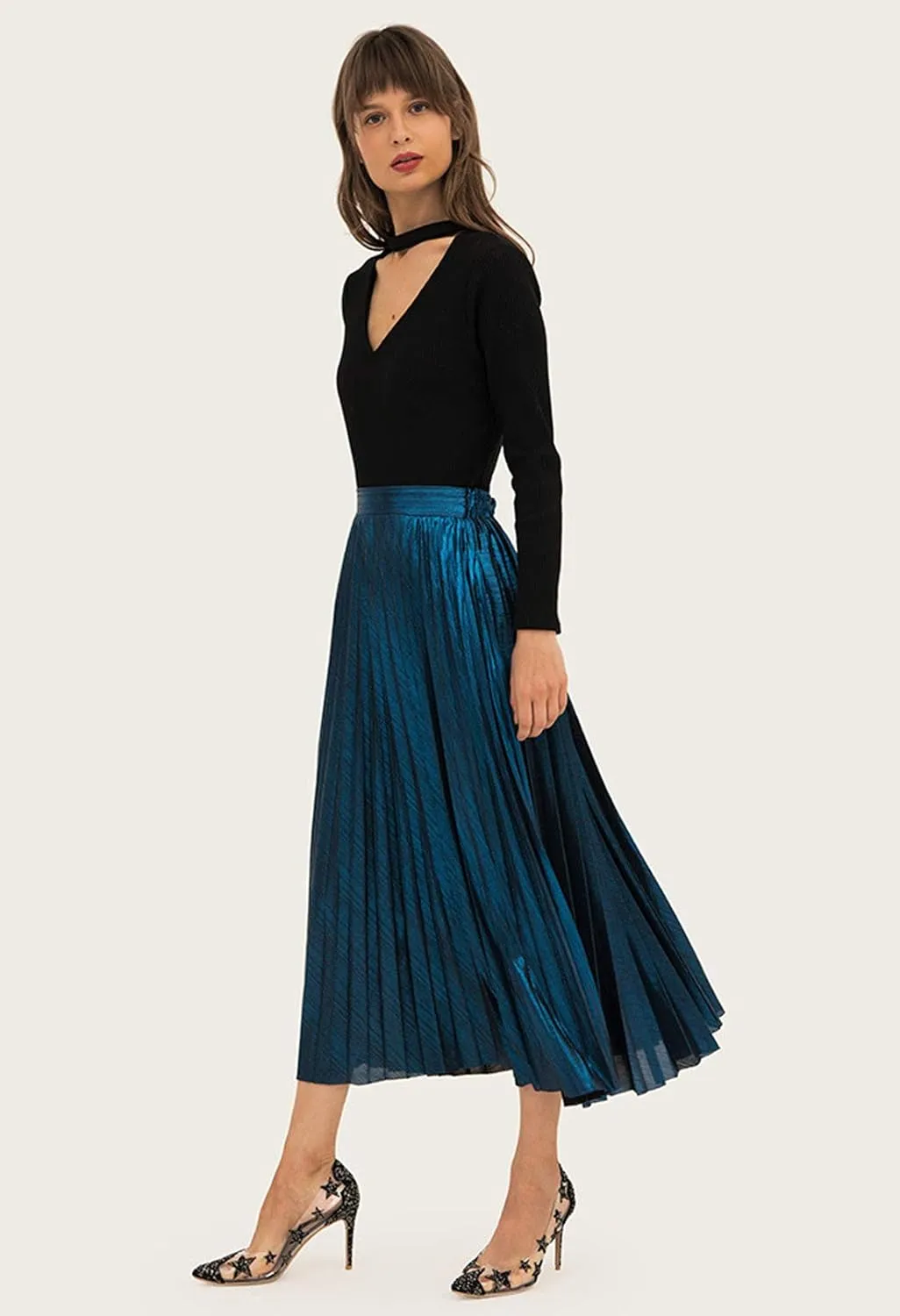 Itemnew Women's Stylish Metallic Color Shiny High Waist Pleated Swing Long Skirt