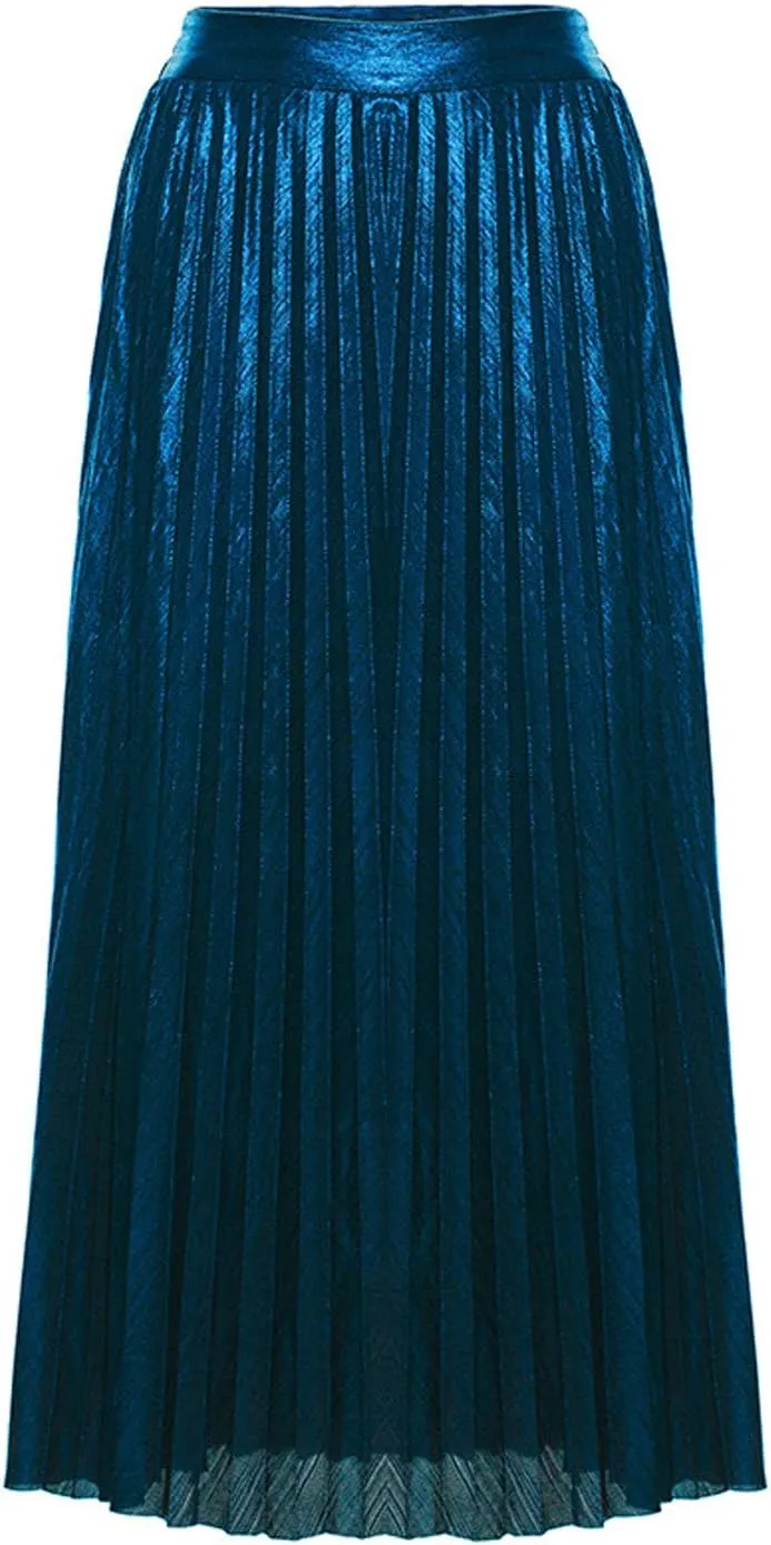 Itemnew Women's Stylish Metallic Color Shiny High Waist Pleated Swing Long Skirt