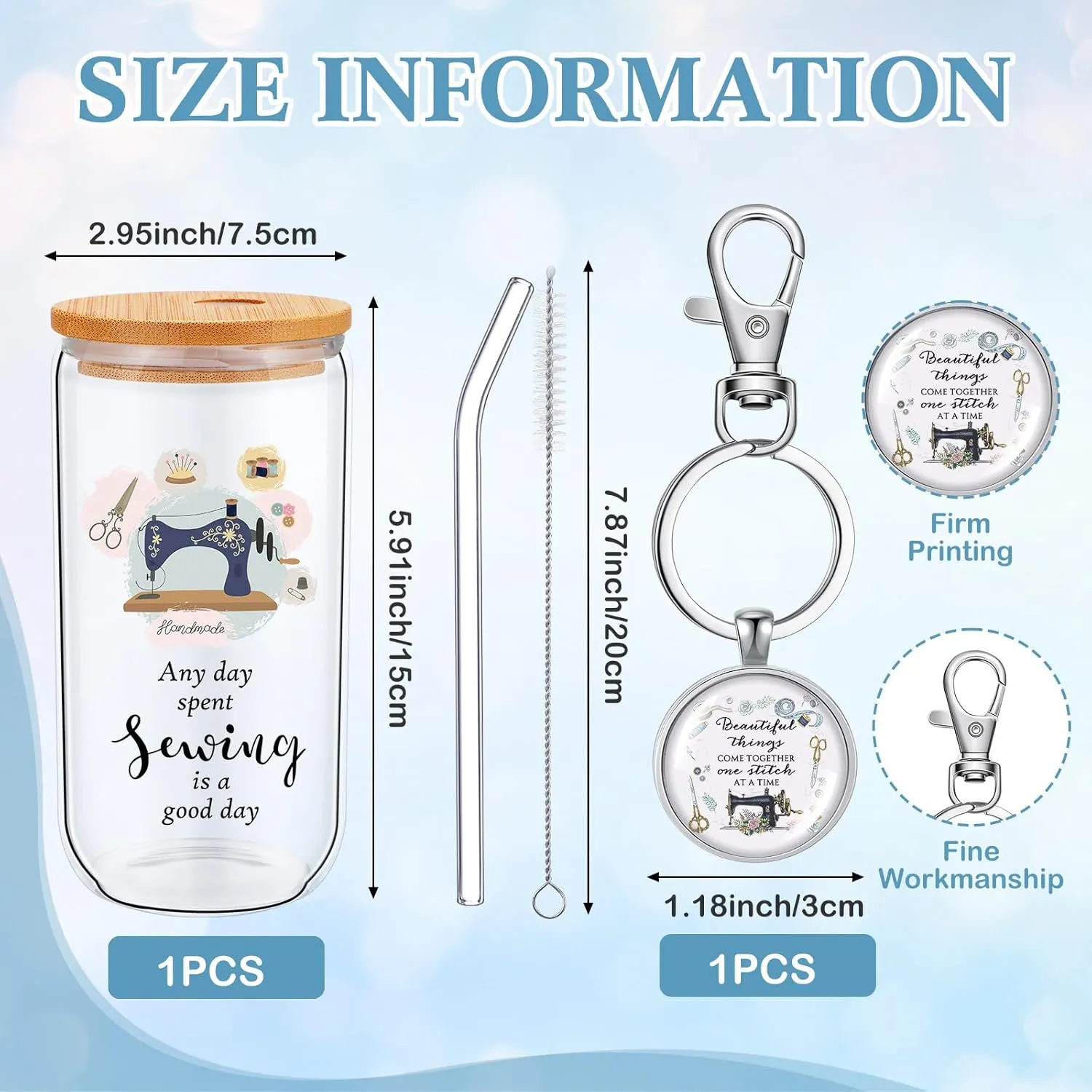 Kacctyen 3 pcs Sewing Gifts for Sewing Lovers Canvas Makeup Bag 17 oz Glass Cups with Lids and Straws Keychain Quilters Seamstress Gifts for Women Birthday Mother's Day Gift Mom Grandma
