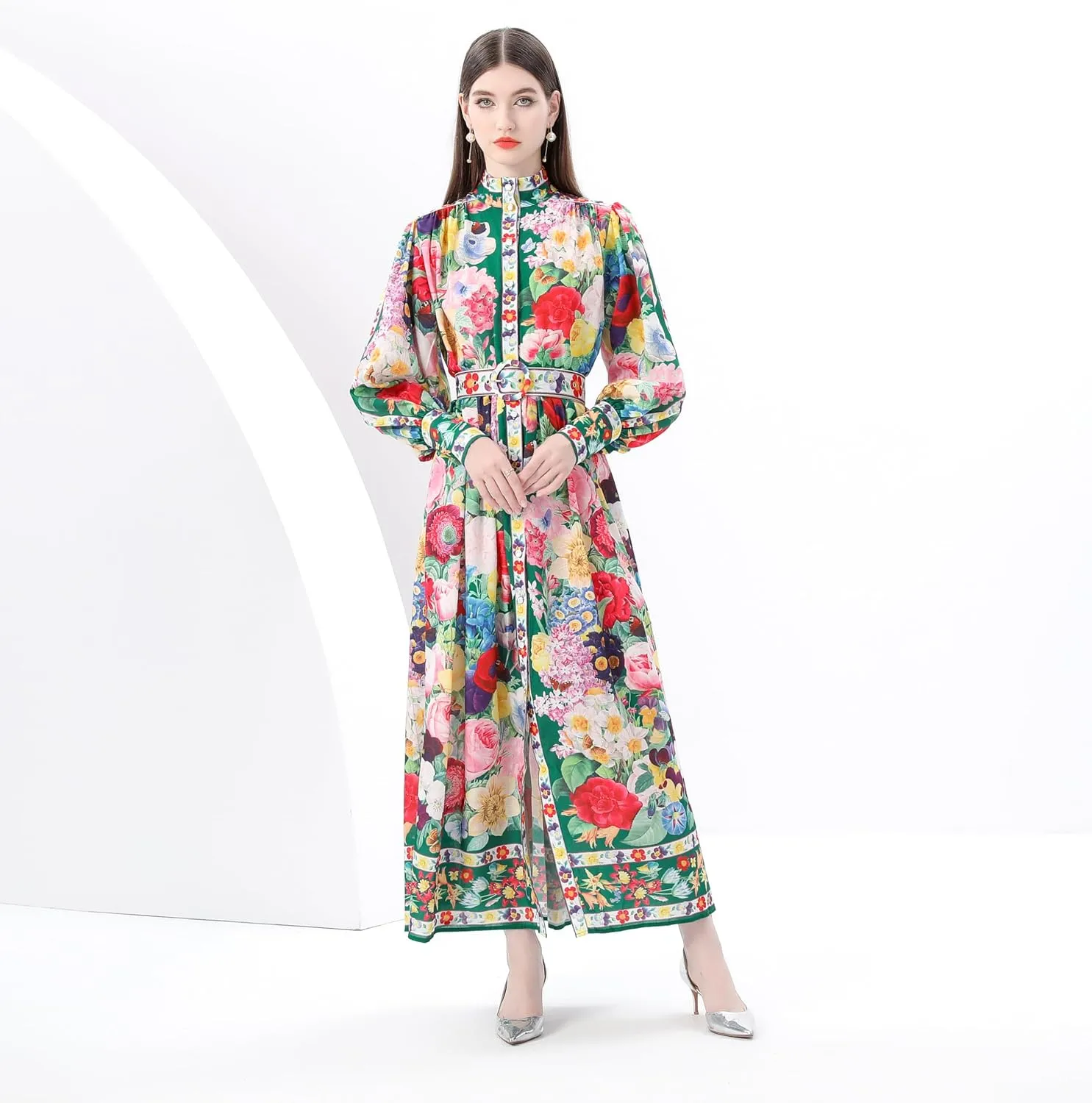 LAI MENG FIVE CATS Women's Puff Sleeves High Collar Floral Printed Buttons Front Slits Flowy Maxi Dress with Belt