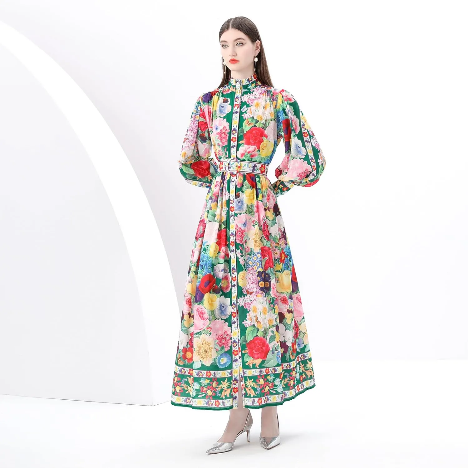 LAI MENG FIVE CATS Women's Puff Sleeves High Collar Floral Printed Buttons Front Slits Flowy Maxi Dress with Belt