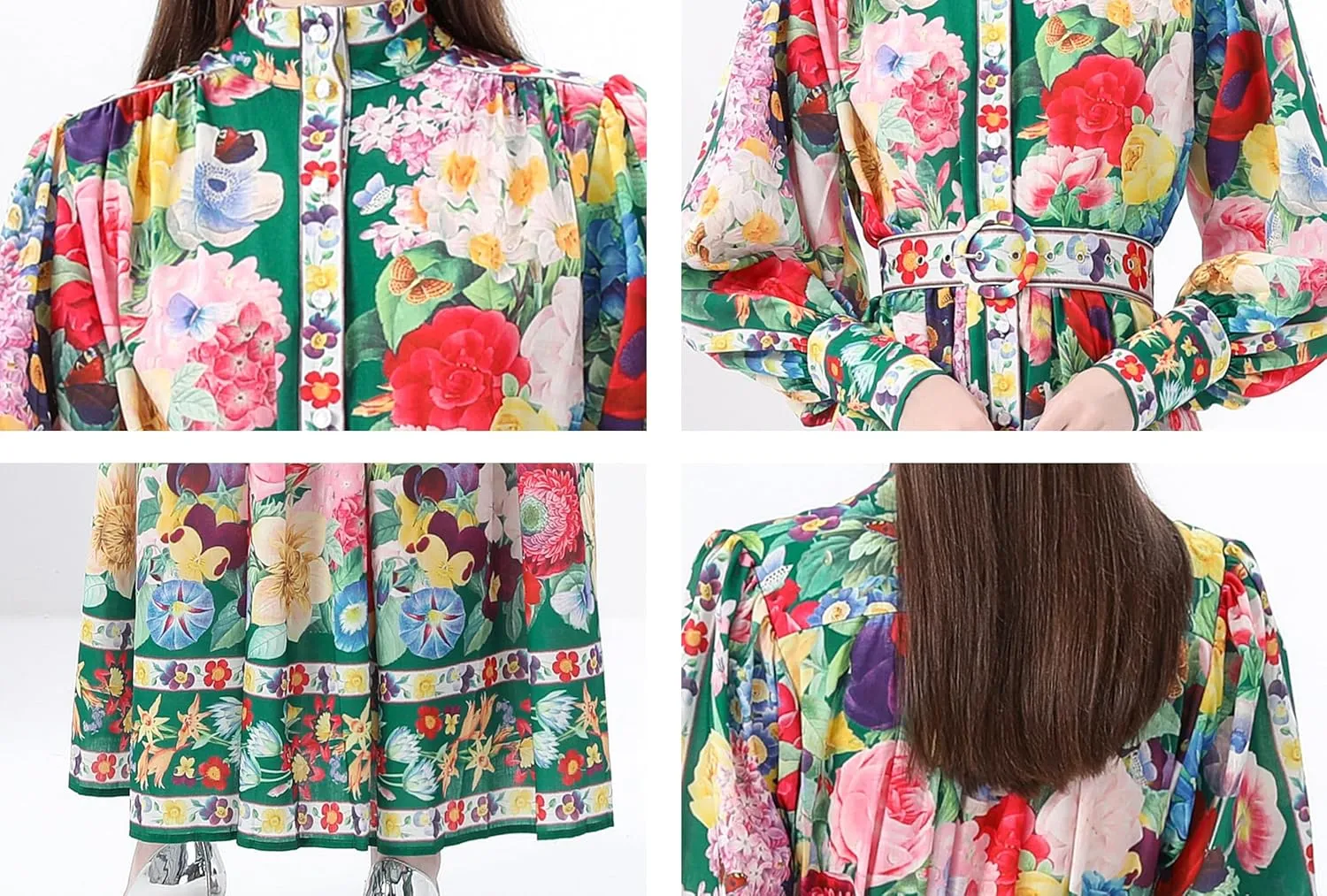 LAI MENG FIVE CATS Women's Puff Sleeves High Collar Floral Printed Buttons Front Slits Flowy Maxi Dress with Belt