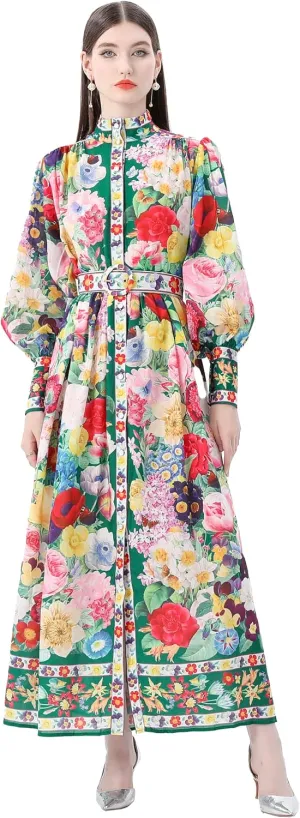 LAI MENG FIVE CATS Women's Puff Sleeves High Collar Floral Printed Buttons Front Slits Flowy Maxi Dress with Belt