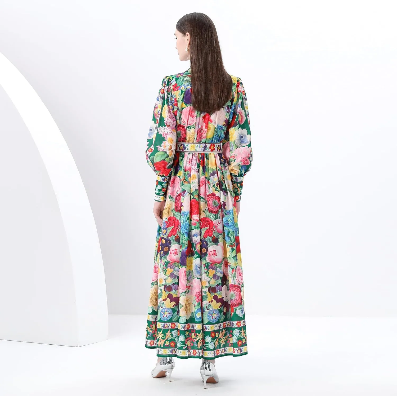 LAI MENG FIVE CATS Women's Puff Sleeves High Collar Floral Printed Buttons Front Slits Flowy Maxi Dress with Belt