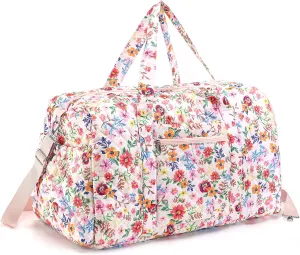 Large Quilted Travel Duffle Bag for Women Pink Floral Portable Gym Lightweight Weekender Bag with Zipper Pockets Grocery Pouch Workout Overnight Carry on Duffle Pouch for Travel Work