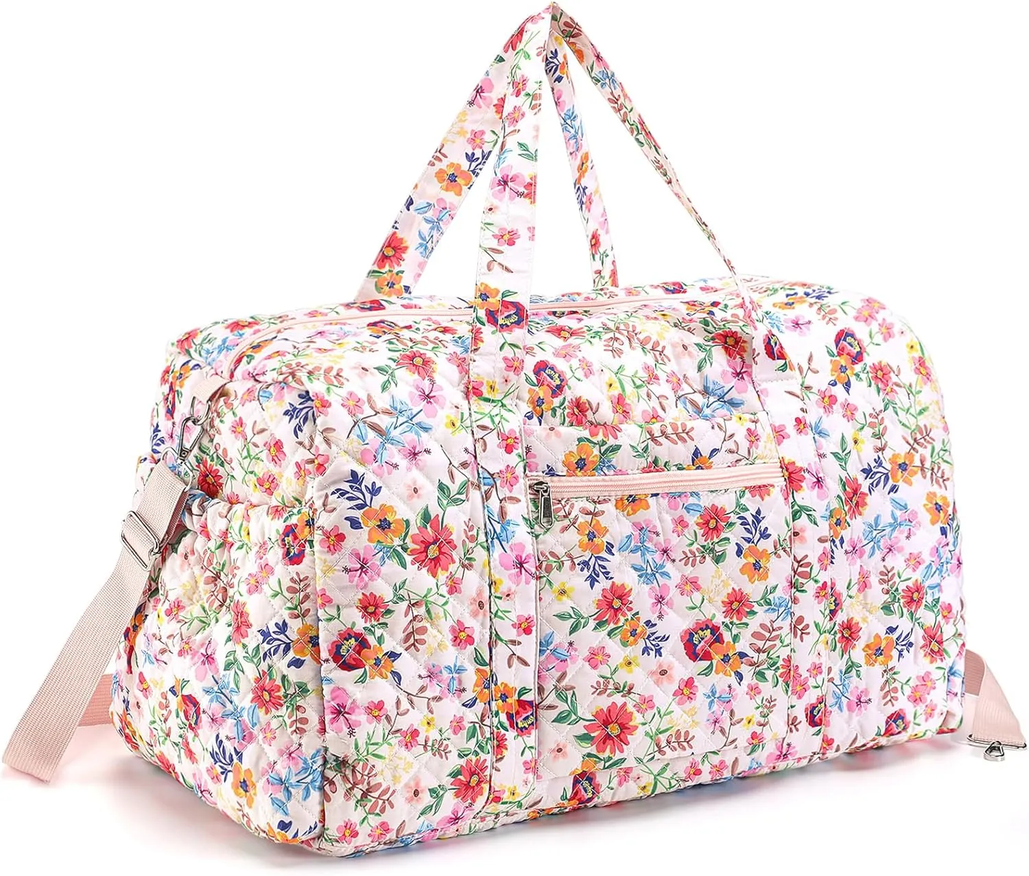 Large Quilted Travel Duffle Bag for Women Pink Floral Portable Gym Lightweight Weekender Bag with Zipper Pockets Grocery Pouch Workout Overnight Carry on Duffle Pouch for Travel Work