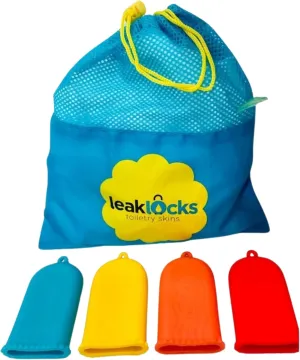 LeakLocks Toiletry Skins 4-Pack w/Travel Bag. Elastic Sleeve for Leak-Proofing Travel Container in Luggage. Fits Standard/Travel Sized Toiletries. Reusable Accessory for Travel Bag Suitcase/Carry-on