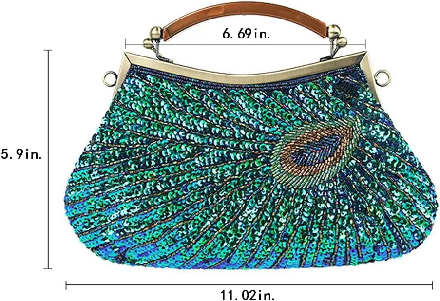 LIFEWISH Women's Unique Luxury Sequins Beaded Evening Bag Wedding Bridal Party Prom Clutch Purse tote HandbagPeacock blue