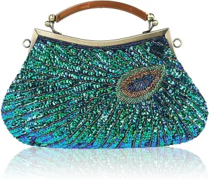 LIFEWISH Women's Unique Luxury Sequins Beaded Evening Bag Wedding Bridal Party Prom Clutch Purse tote HandbagPeacock blue