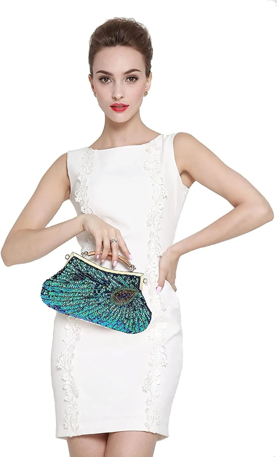LIFEWISH Women's Unique Luxury Sequins Beaded Evening Bag Wedding Bridal Party Prom Clutch Purse tote HandbagPeacock blue