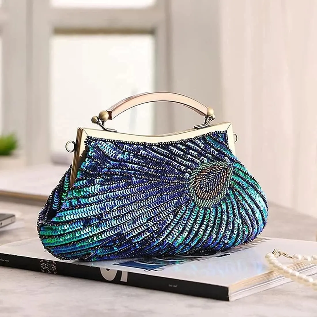 LIFEWISH Women's Unique Luxury Sequins Beaded Evening Bag Wedding Bridal Party Prom Clutch Purse tote HandbagPeacock blue