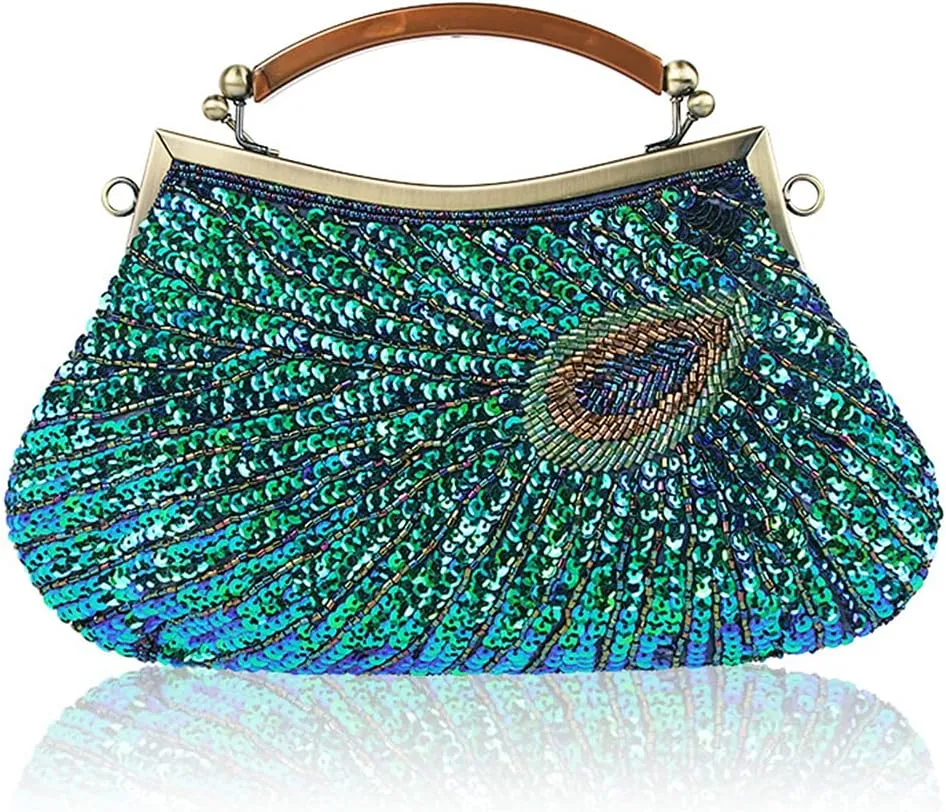 LIFEWISH Women's Unique Luxury Sequins Beaded Evening Bag Wedding Bridal Party Prom Clutch Purse tote HandbagPeacock blue