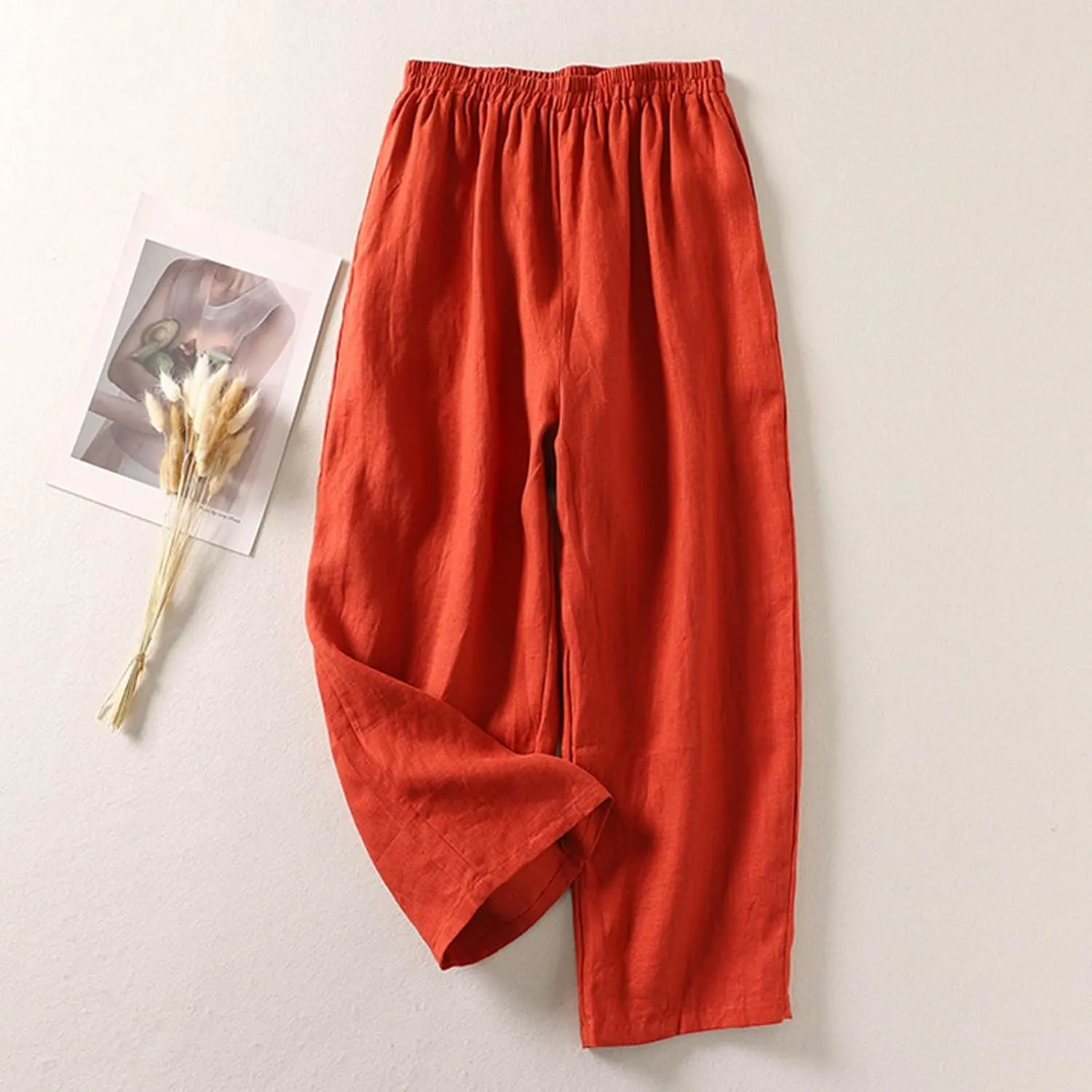 Linen Pants for Women Summer Linen Pant Nine Point Pants with Elastic Waist Loose Artistic Womens Linen Pants Wide Leg
