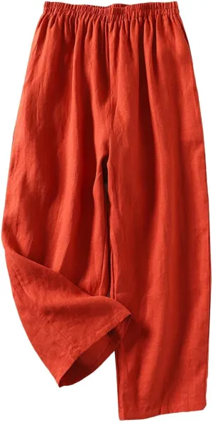Linen Pants for Women Summer Linen Pant Nine Point Pants with Elastic Waist Loose Artistic Womens Linen Pants Wide Leg