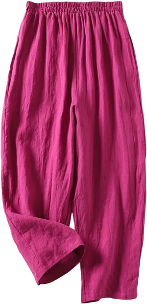 Linen Pants for Women Summer Linen Pant Nine Point Pants with Elastic Waist Loose Artistic Womens Linen Pants Wide Leg