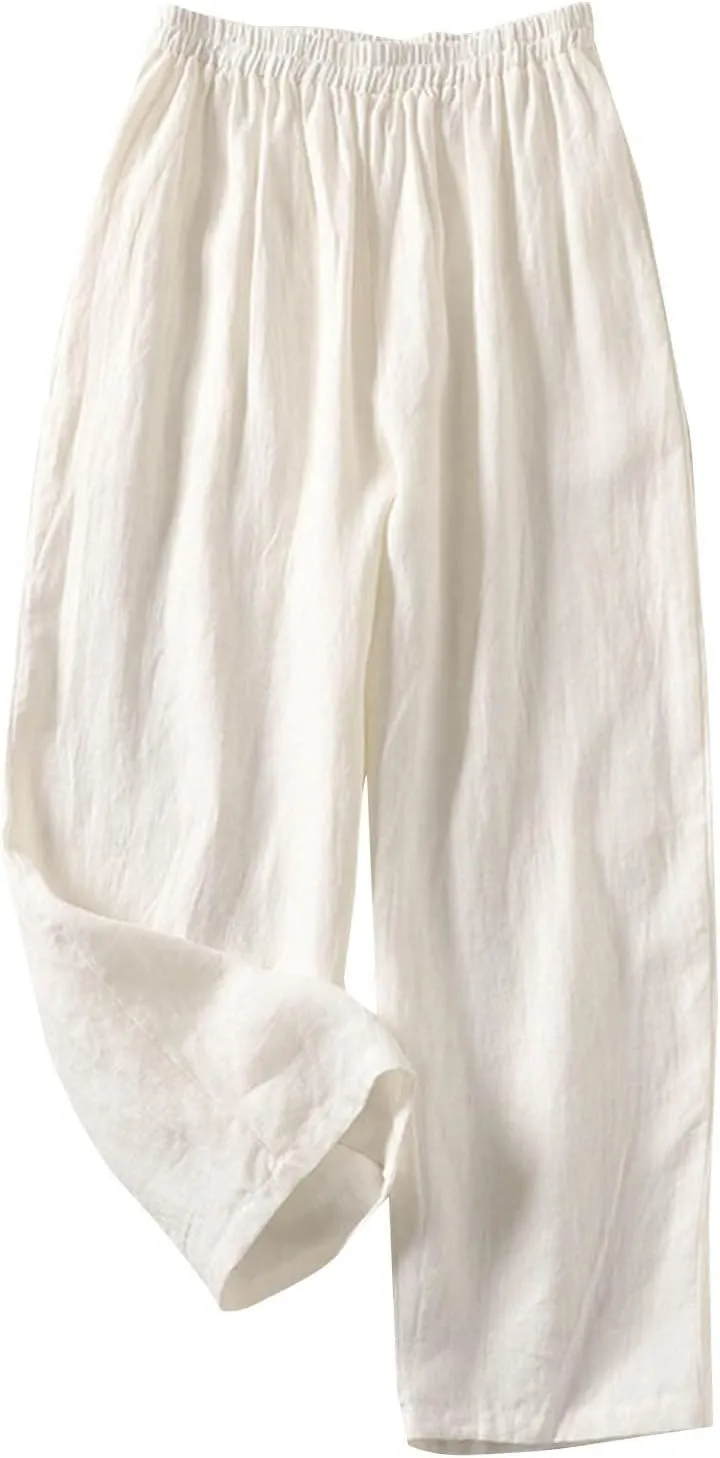 Linen Pants for Women Summer Linen Pant Nine Point Pants with Elastic Waist Loose Artistic Womens Linen Pants Wide Leg