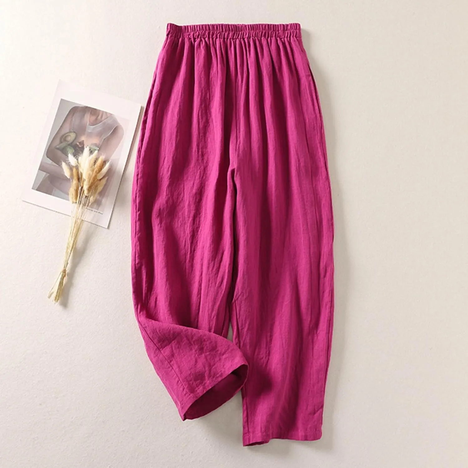 Linen Pants for Women Summer Linen Pant Nine Point Pants with Elastic Waist Loose Artistic Womens Linen Pants Wide Leg