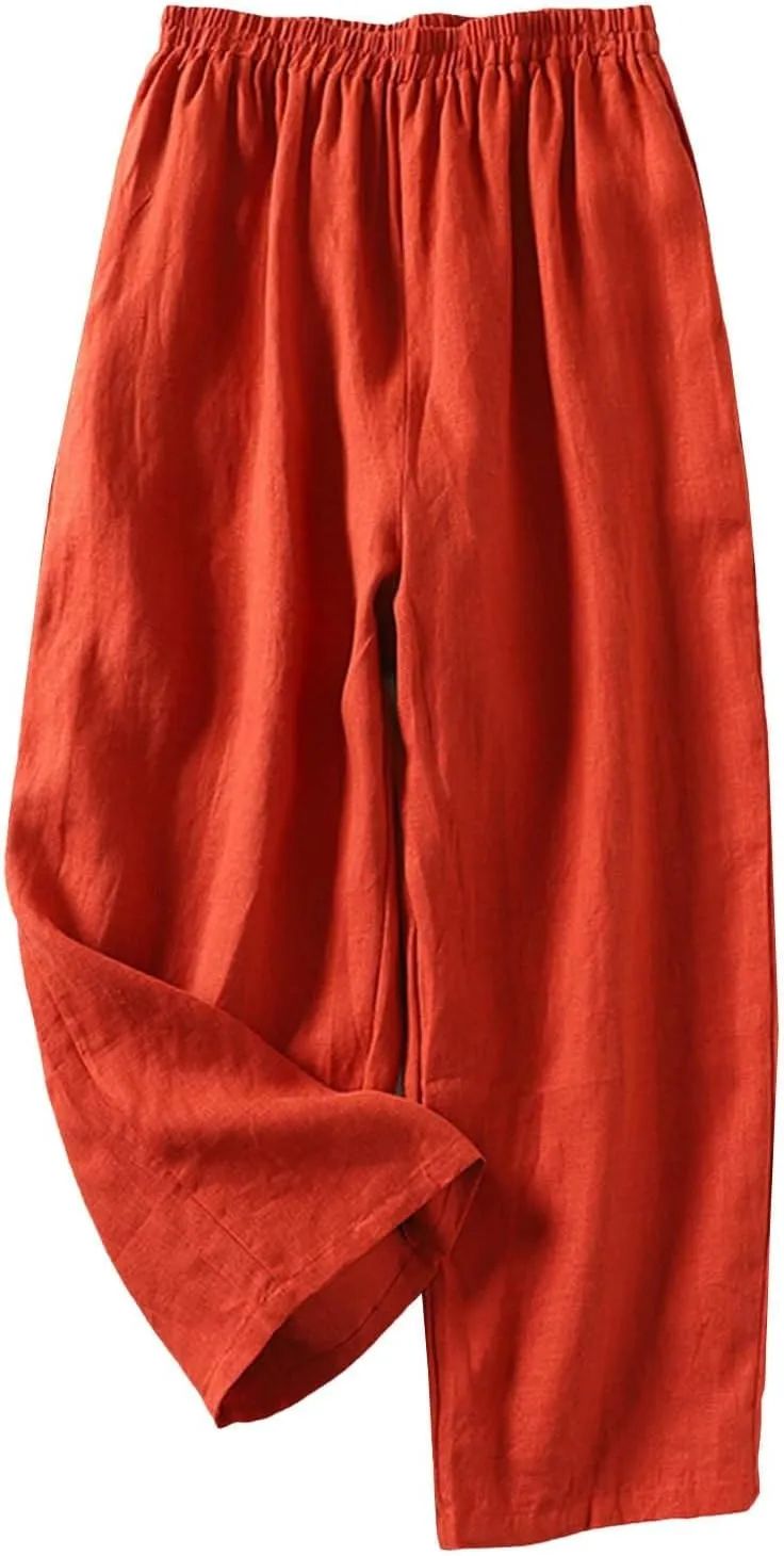 Linen Pants for Women Summer Linen Pant Nine Point Pants with Elastic Waist Loose Artistic Womens Linen Pants Wide Leg