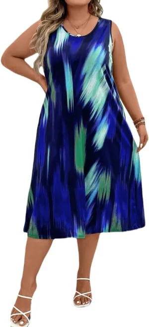 LROSEY Summer Plus Size Midi Tank Top Dresses for Curvy Women Casual Tie Die Sleeveless A Line Dress Long Sundress Loose Fit