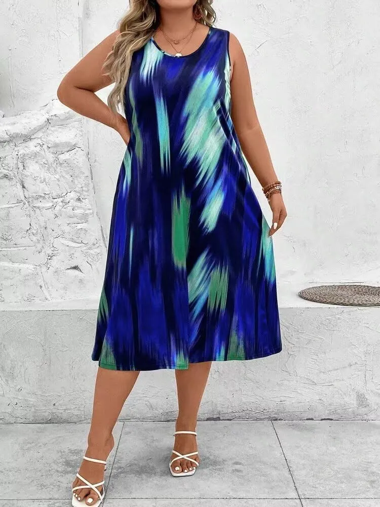 LROSEY Summer Plus Size Midi Tank Top Dresses for Curvy Women Casual Tie Die Sleeveless A Line Dress Long Sundress Loose Fit