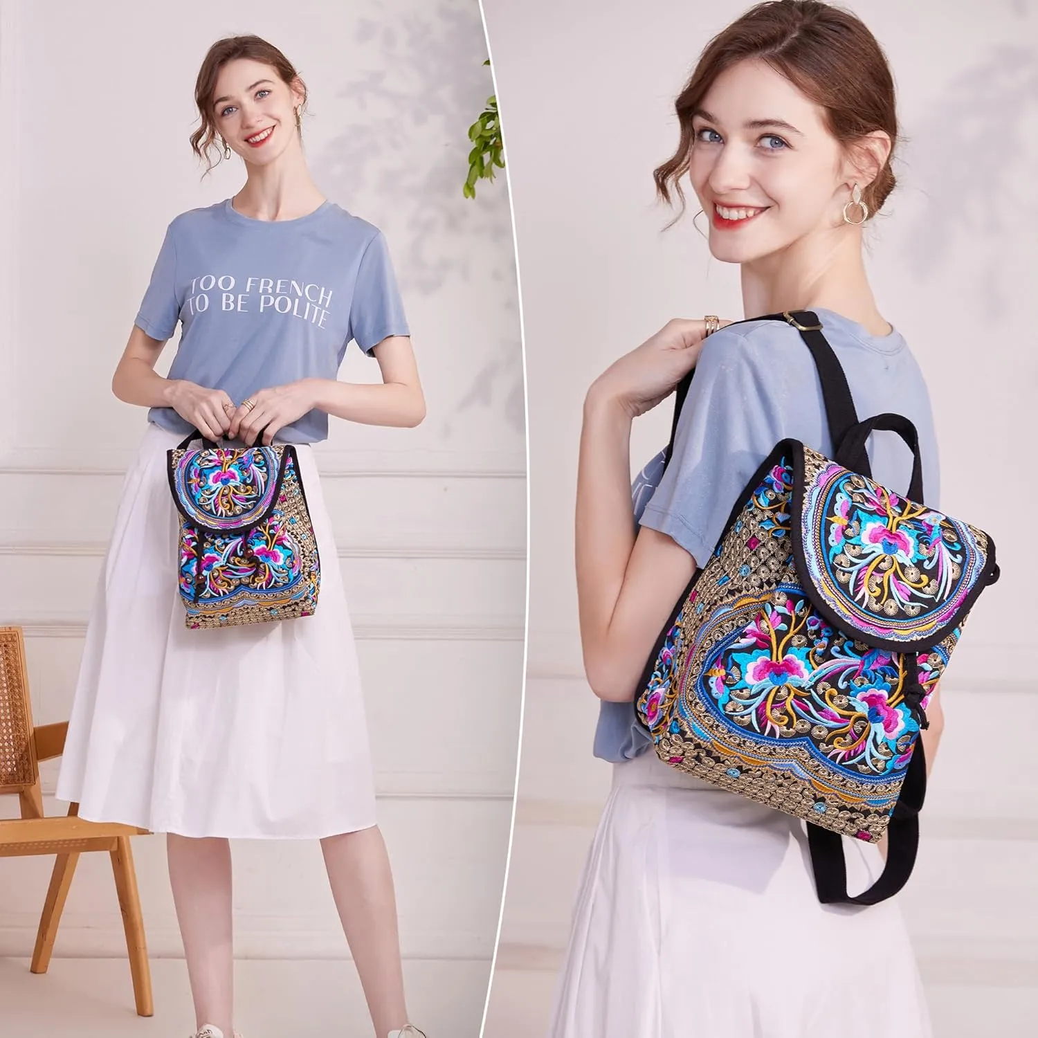 MAZEXY Embroidered Backpack Purse for Women, Boho Elegance Vintage Ethnic Floral Shoulder Handbag