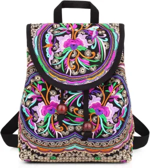 MAZEXY Embroidered Backpack Purse for Women, Boho Elegance Vintage Ethnic Floral Shoulder Handbag