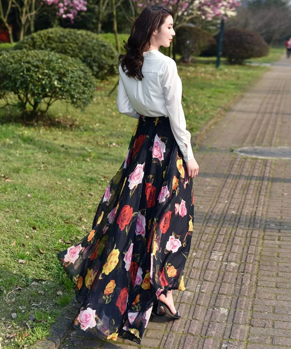 MedeShe Women's Chiffon Floral Print Elasticated Waist Maxi Skirt