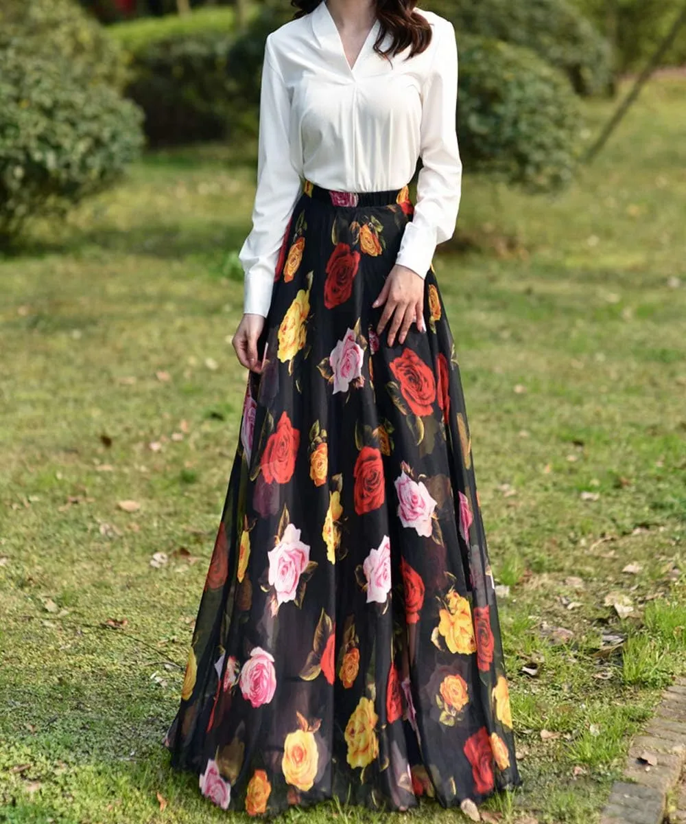 MedeShe Women's Chiffon Floral Print Elasticated Waist Maxi Skirt
