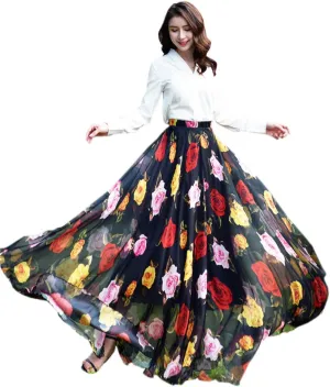 MedeShe Women's Chiffon Floral Print Elasticated Waist Maxi Skirt