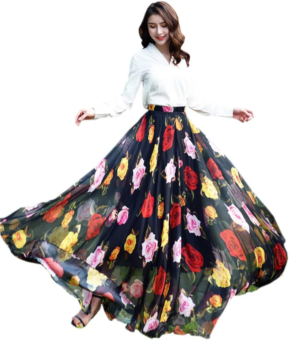 MedeShe Women's Chiffon Floral Print Elasticated Waist Maxi Skirt