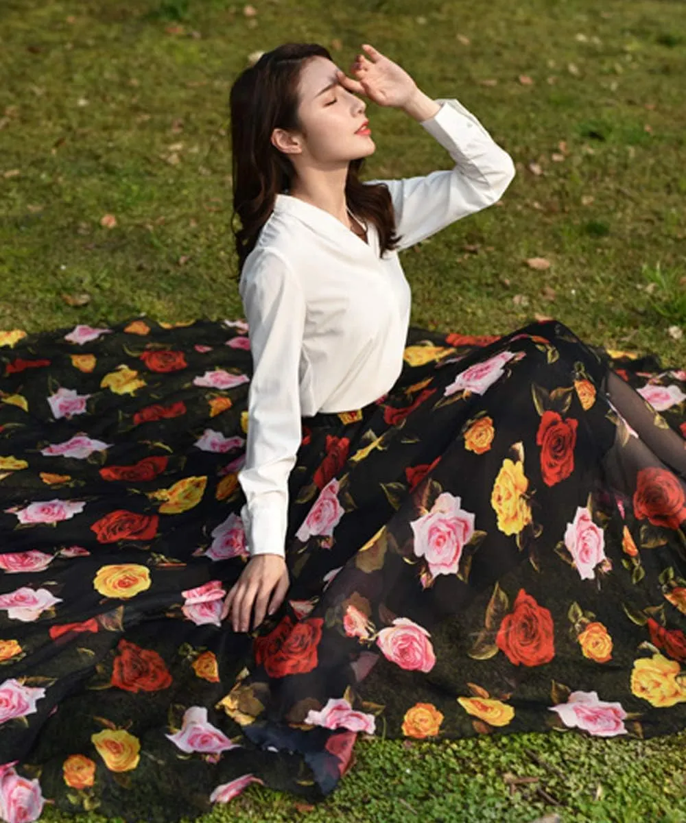 MedeShe Women's Chiffon Floral Print Elasticated Waist Maxi Skirt