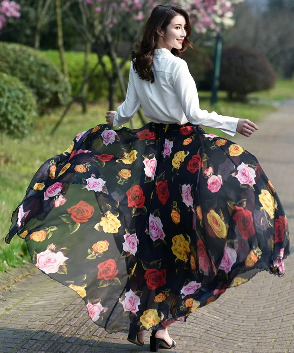 MedeShe Women's Chiffon Floral Print Elasticated Waist Maxi Skirt