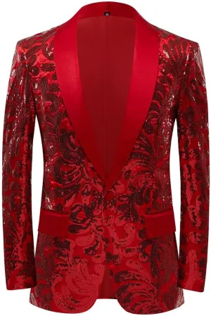 Men Stylish Satin Face Sequins Floral Pattern Suit Jacket Blazer
