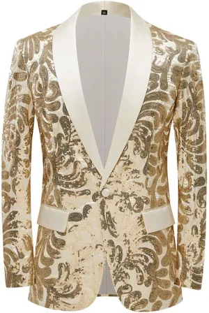 Men Stylish Satin Face Sequins Floral Pattern Suit Jacket Blazer