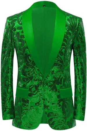 Men Stylish Satin Face Sequins Floral Pattern Suit Jacket Blazer