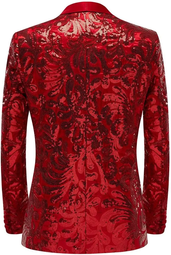 Men Stylish Satin Face Sequins Floral Pattern Suit Jacket Blazer