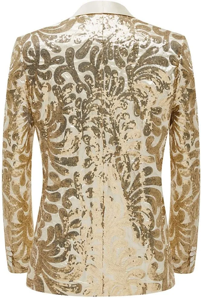Men Stylish Satin Face Sequins Floral Pattern Suit Jacket Blazer