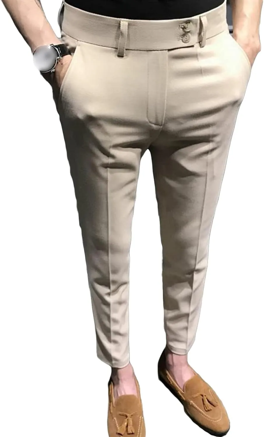 Men's Chino Flat-Front Slim-Fit Pant Stretch Business Suit Pants Comfy Casual Straight Pants (30,Khaki)