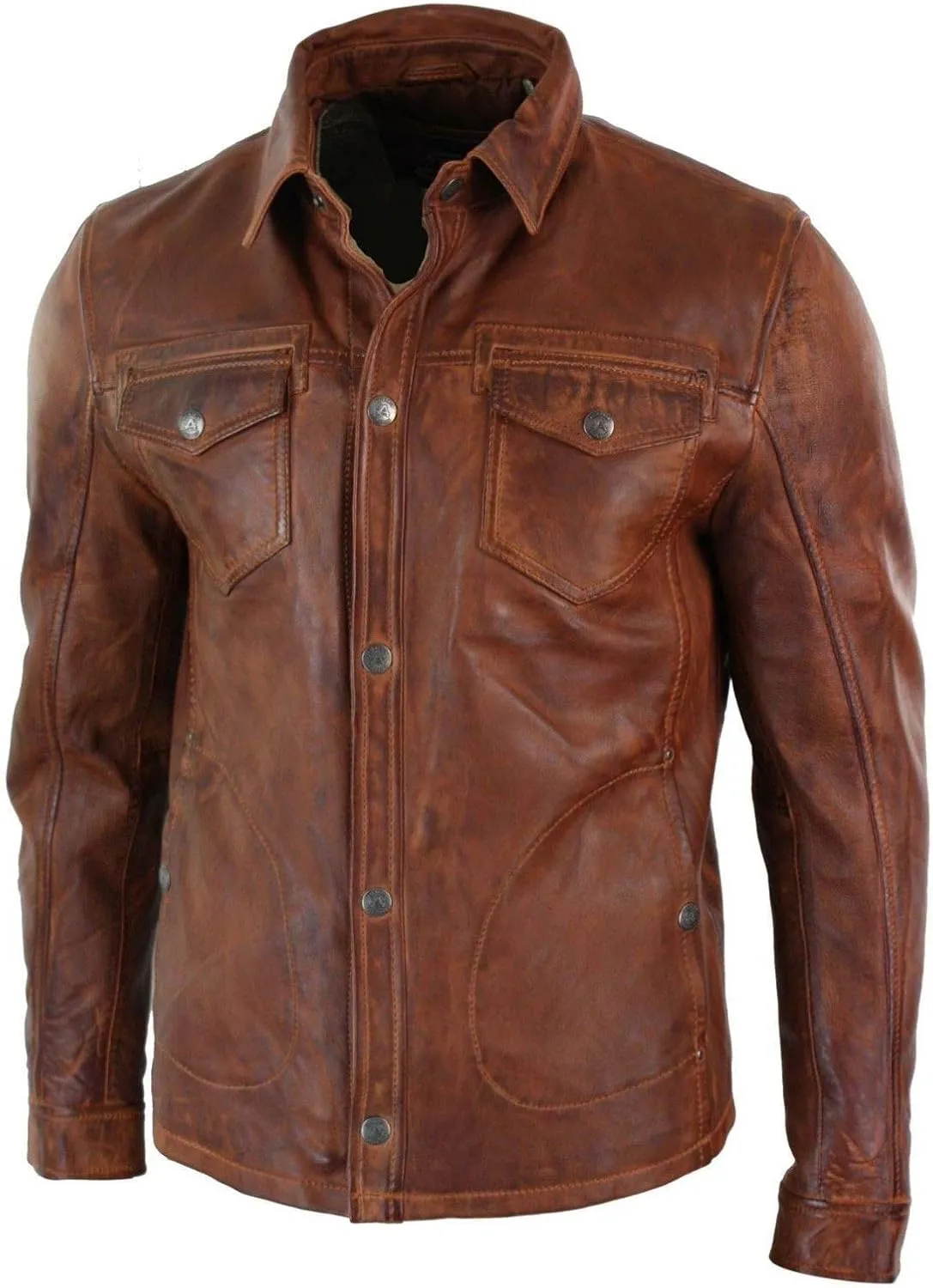 Men's Genuine Lambskin Real Leather Shirt Stylish Biker Shirt Jacket Brown