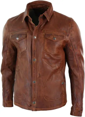 Men's Genuine Lambskin Real Leather Shirt Stylish Biker Shirt Jacket Brown