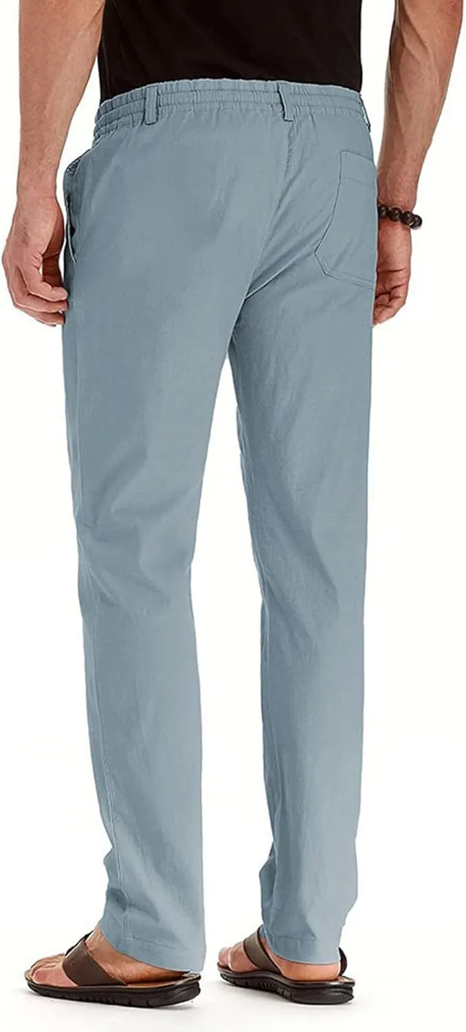 Men's Linen Casual Pants, Elastic Waist Beach Pants Lightweight Drawstring Summer Pants, Lightweight Sweatpants for Men