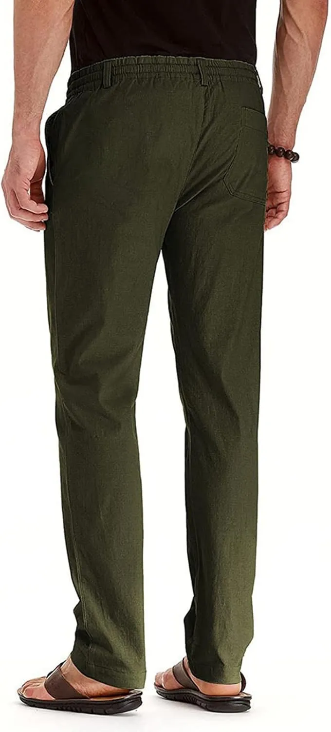 Men's Linen Casual Pants, Elastic Waist Beach Pants Lightweight Drawstring Summer Pants, Lightweight Sweatpants for Men