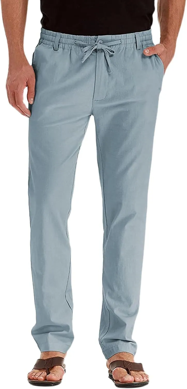 Men's Linen Casual Pants, Elastic Waist Beach Pants Lightweight Drawstring Summer Pants, Lightweight Sweatpants for Men